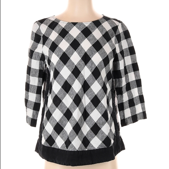 J. JILL 100% linen checkered gingham black and white 3/4 long sleeve blouse - Picture 1 of 1